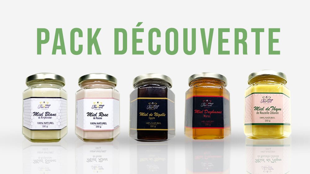 pack découverte de nos miels : miel russie, miel blanc, miel de nigelle, miel de thym
